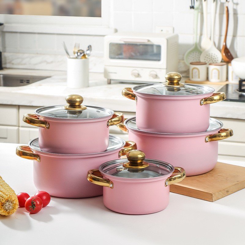Pink Pots And Pan Cast Iron Casserole Cooking Pots Set Kitchen Utensils Stainless Steel 10pcs Pots Non Stick Cookware Sets