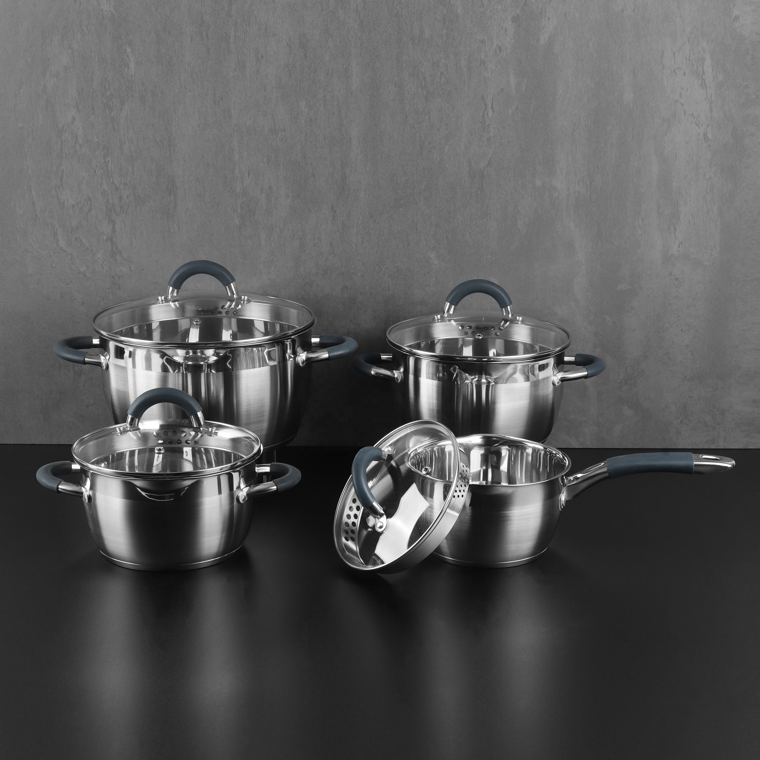 Modern 8-Pcs Stainless Steel Heat-Resistant Silicone Handle Cookware Set Morden Style Non-Stick Iron All-Clad Storage Pot Set
