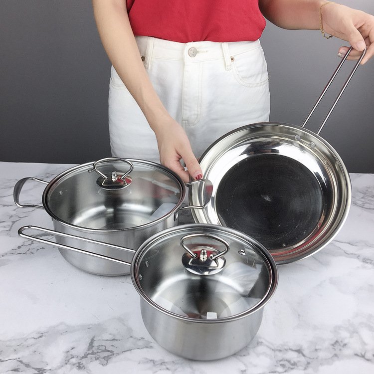 Hot sale cooking pot set non stick 3 Pcs Set Stainless Steel Cooking Pots 24 cm Frying pan Cooking pot set with color box