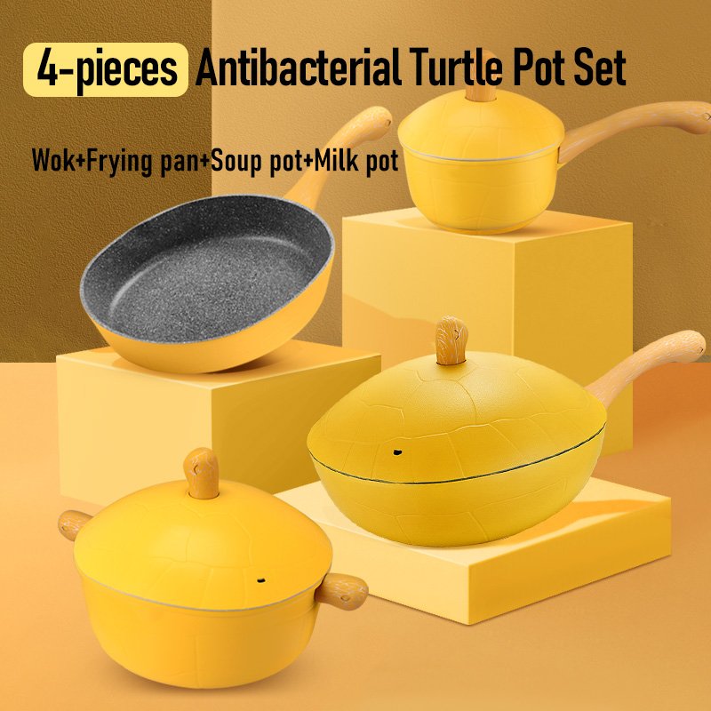 Popular 4 pcs Cute Tortoise Cookware Set Nonstick Pan Kitchen Cooking Pot Wok And Soup Pot Medical Stone Non-stick Fry Pan Sets