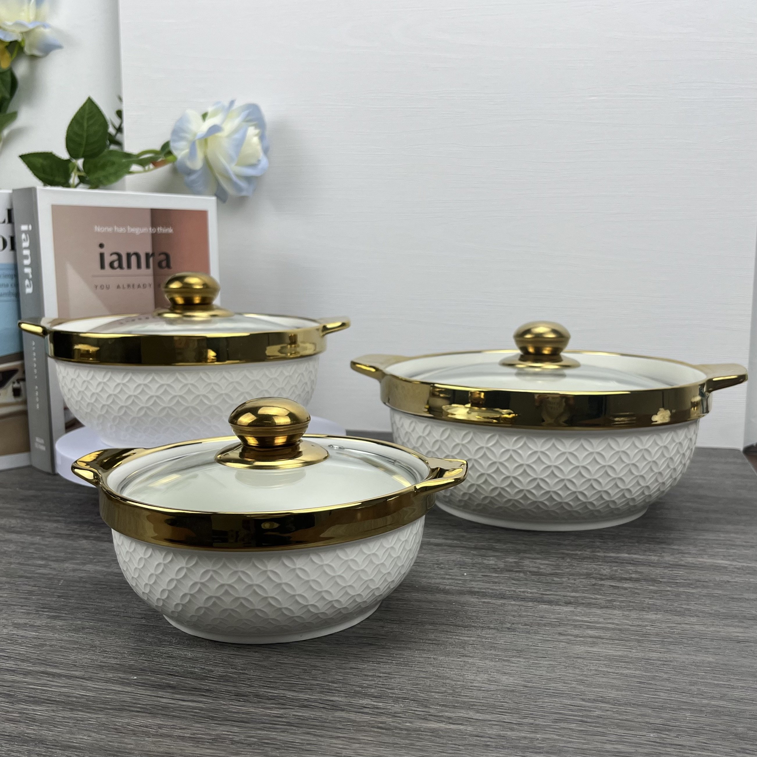 Hot-selling white phnom Penh ceramic soup pot with glass lid casserole cooking set commercial household cookware set