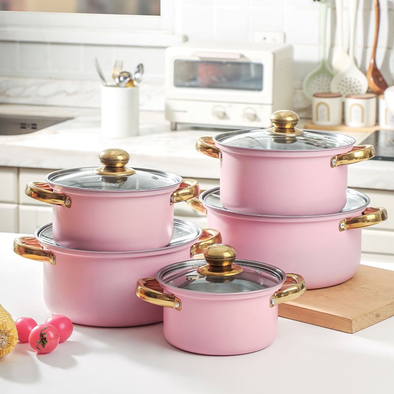 10PCS Fast Shipment Pink Stainless Steel Pots Pan Set Big Size Casserole Cooking Non-Stick Kitchen Utensils Cookware Sets