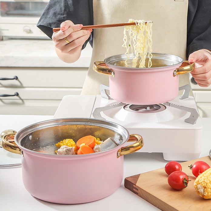 10PCS Fast Shipment Pink Stainless Steel Pots Pan Set Big Size Casserole Cooking Non-Stick Kitchen Utensils Cookware Sets