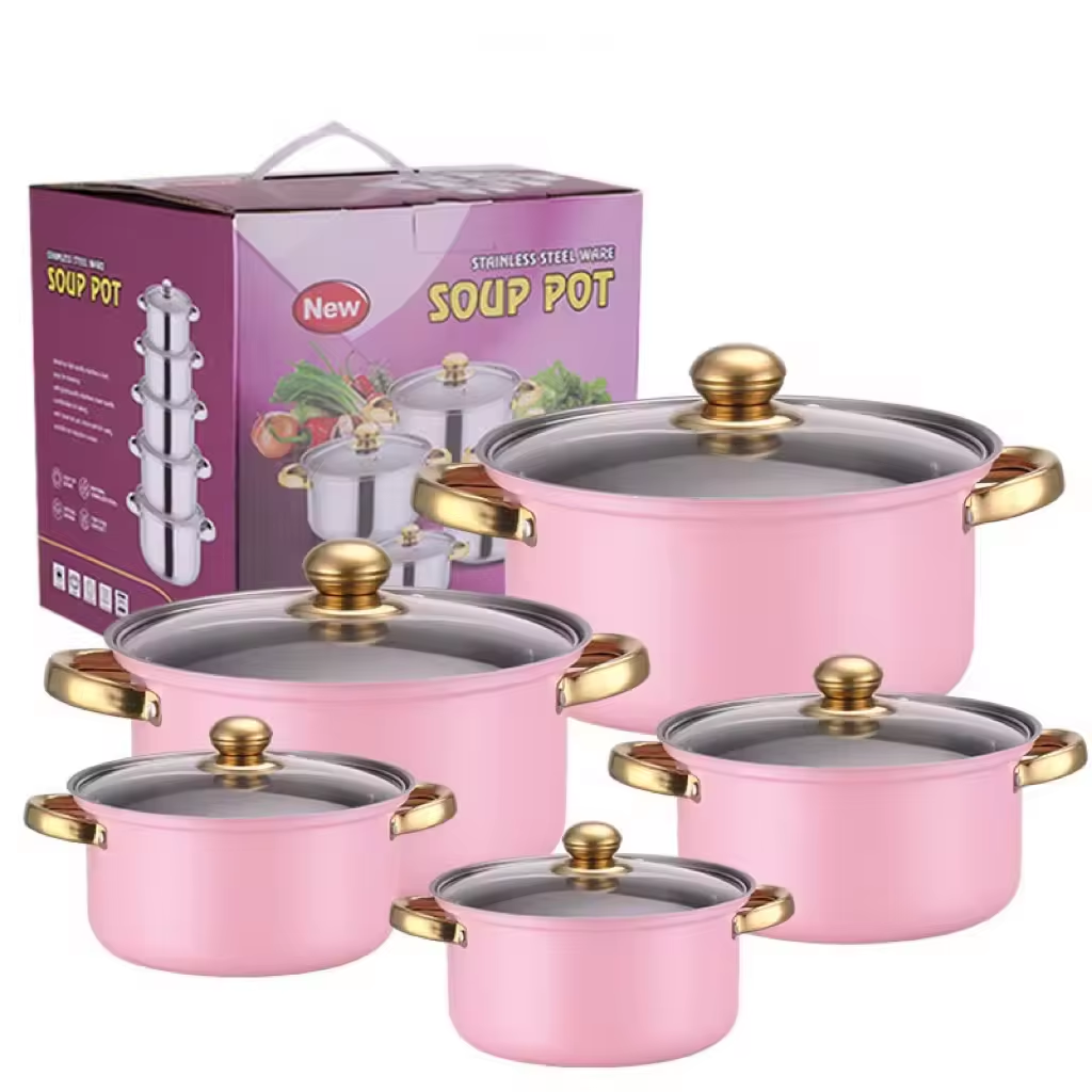 10PCS Fast Shipment Pink Stainless Steel Pots Pan Set Big Size Casserole Cooking Non-Stick Kitchen Utensils Cookware Sets