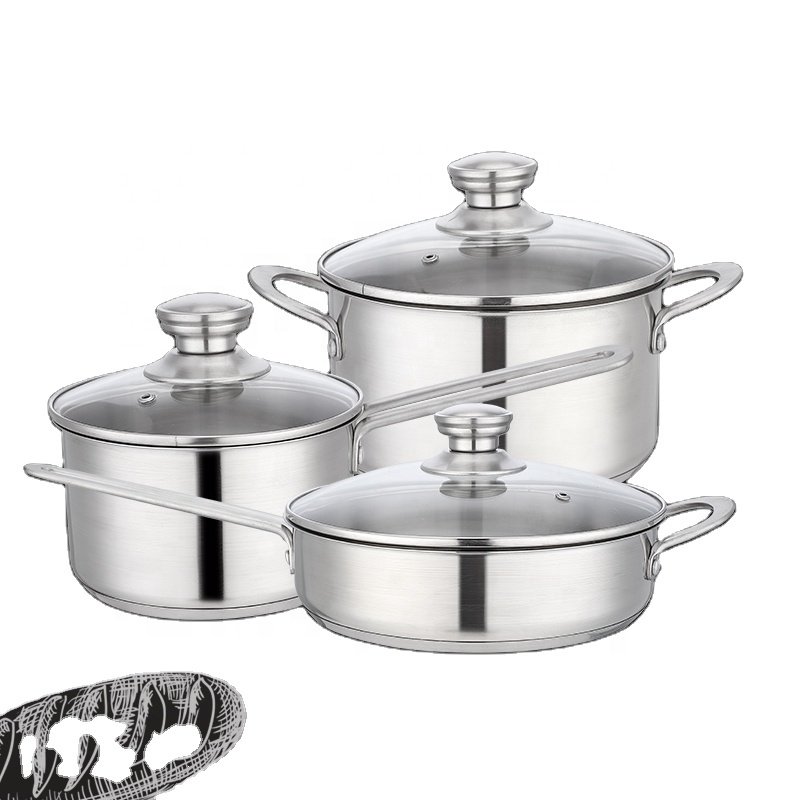 304 Cookware Pot Stainless Steel Set Kitchen Metal OEM Packing Double steel Handle with glass lid