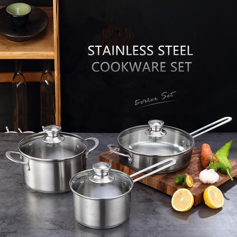 304 Cookware Pot Stainless Steel Set Kitchen Metal OEM Packing Double steel Handle with glass lid