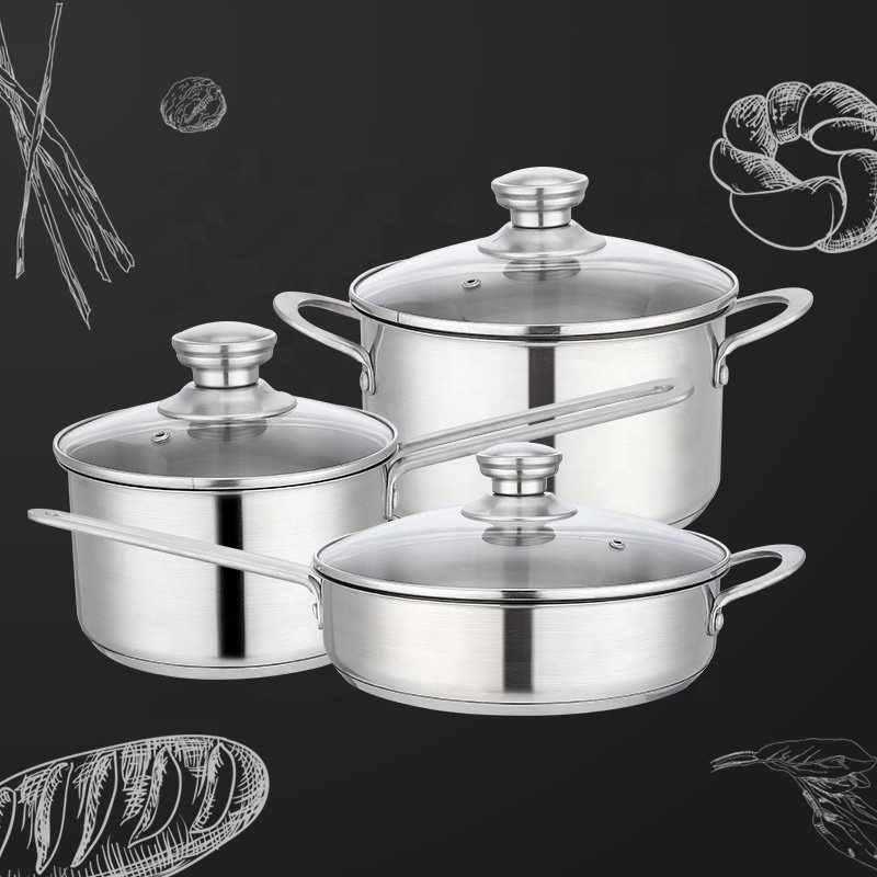 304 Cookware Pot Stainless Steel Set Kitchen Metal OEM Packing Double steel Handle with glass lid