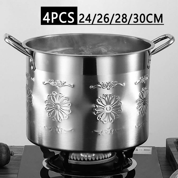4PCS Large Capacity Stainless Steel Pots With Lids Cookware Set Metal Indian Kitchen Cooking Pot Soup Stock and Deep Pan