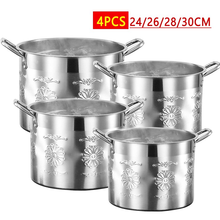 4PCS Large Capacity Stainless Steel Pots With Lids Cookware Set Metal Indian Kitchen Cooking Pot Soup Stock and Deep Pan
