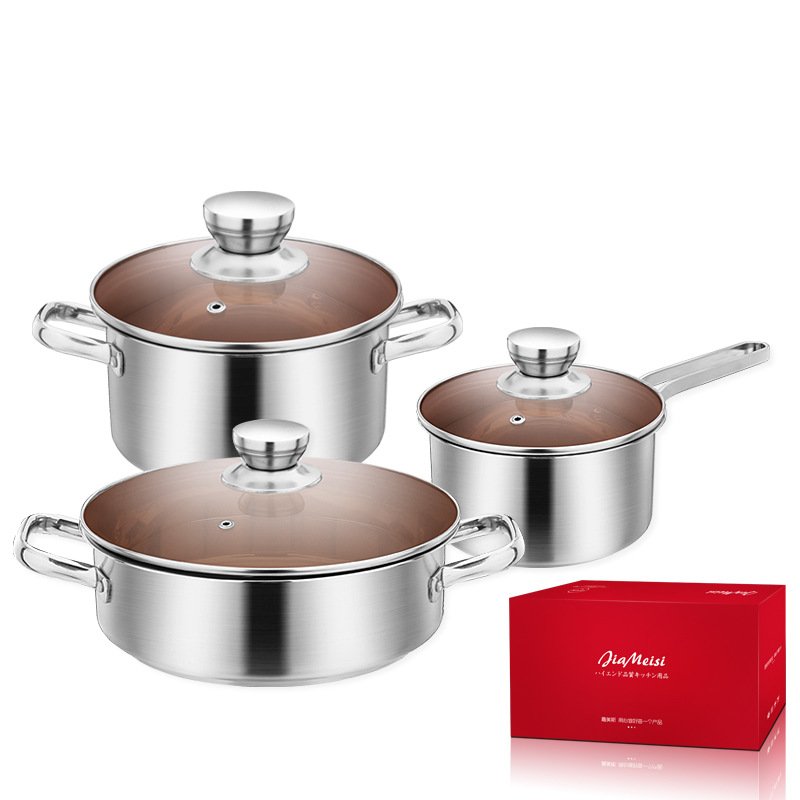 One-Centimeter-Thick Stainless Steel Cookware Set Three-Set Thickened Milk Pot Composite Steel Soup Pot Frying Pan