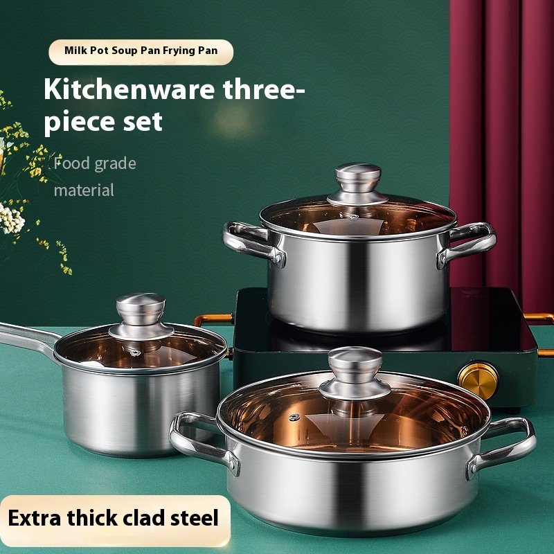 One-Centimeter-Thick Stainless Steel Cookware Set Three-Set Thickened Milk Pot Composite Steel Soup Pot Frying Pan