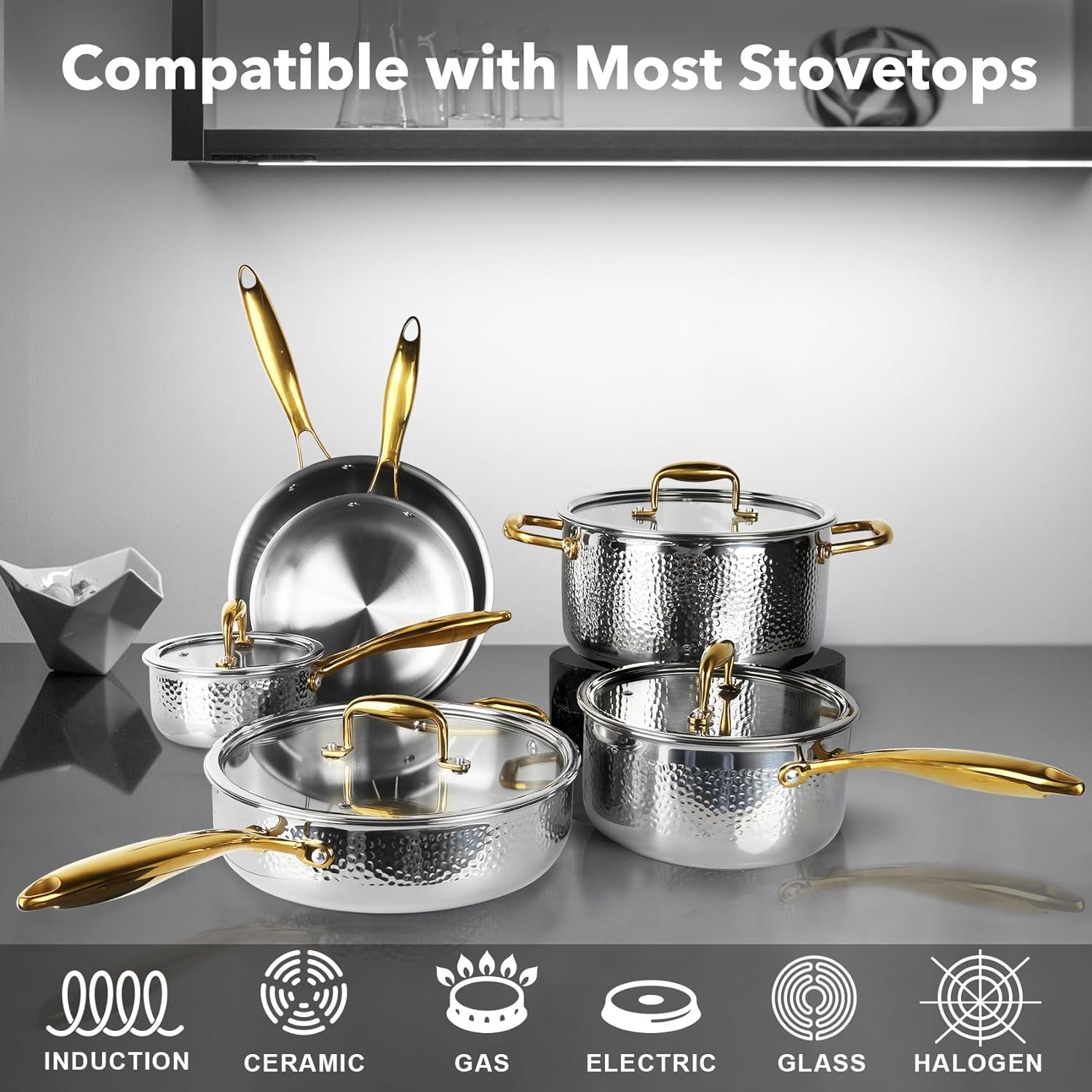 10-Piece Tri-Ply Hammered Stainless Steel Cookware Set with Gold Handle Professional Induction Kitchen Cookware Sets