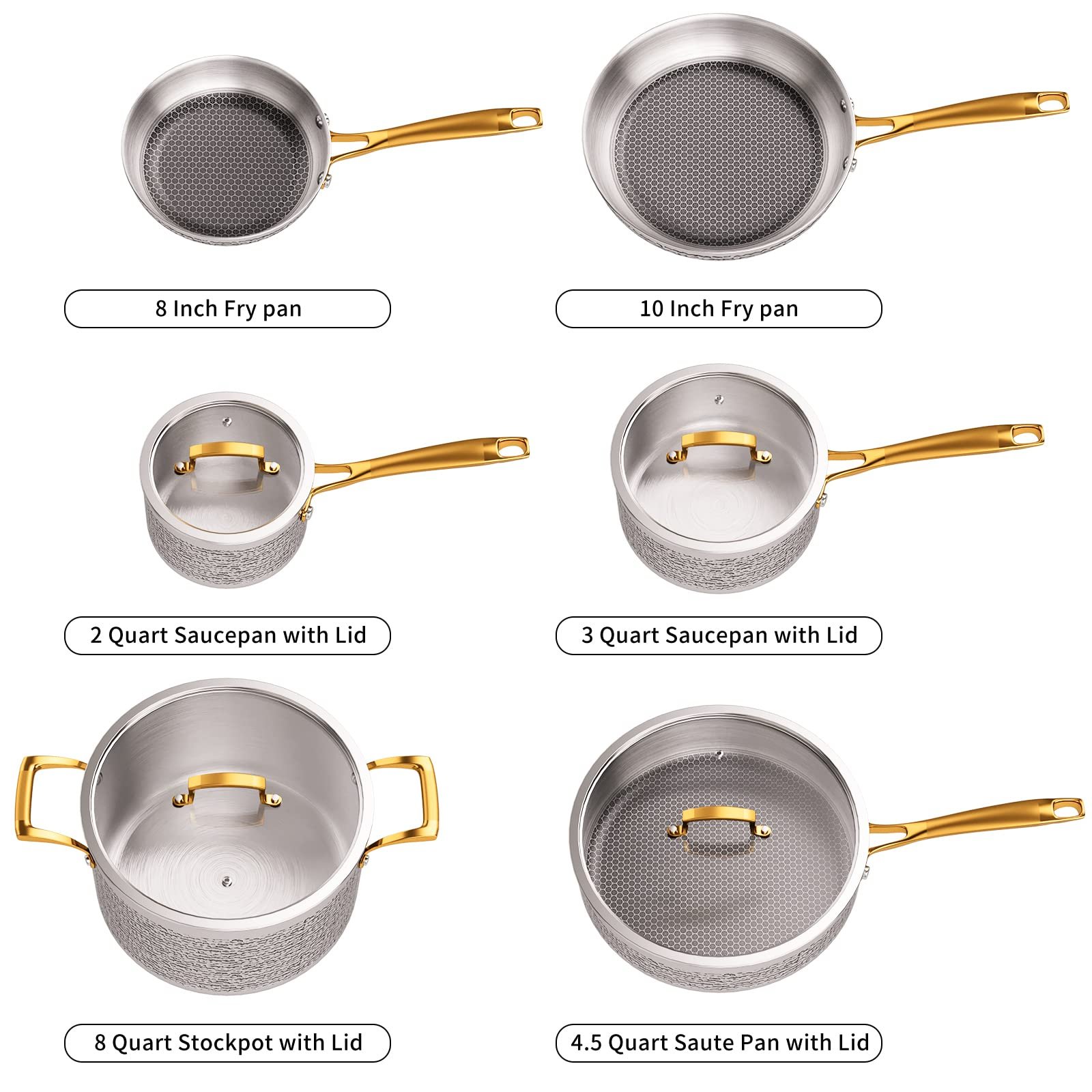Pots and Pans Set Tri-Ply Stainless Steel Hammered Kitchen Cookware Induction Compatible Dishwasher and Oven Safe Non-Toxic