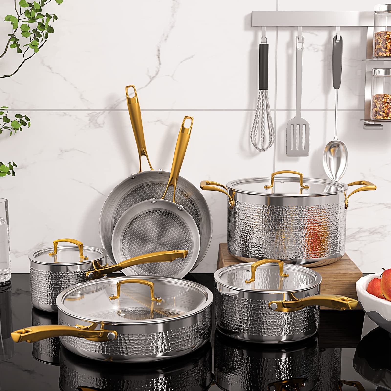 Pots and Pans Set Tri-Ply Stainless Steel Hammered Kitchen Cookware Induction Compatible Dishwasher and Oven Safe Non-Toxic