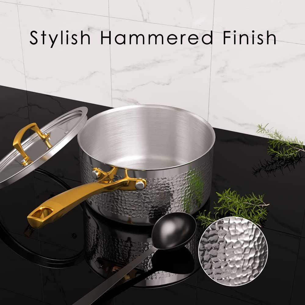 Pots and Pans Set Tri-Ply Stainless Steel Hammered Kitchen Cookware Induction Compatible Dishwasher and Oven Safe Non-Toxic