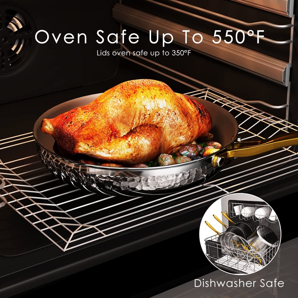 Pots and Pans Set Tri-Ply Stainless Steel Hammered Kitchen Cookware Induction Compatible Dishwasher and Oven Safe Non-Toxic