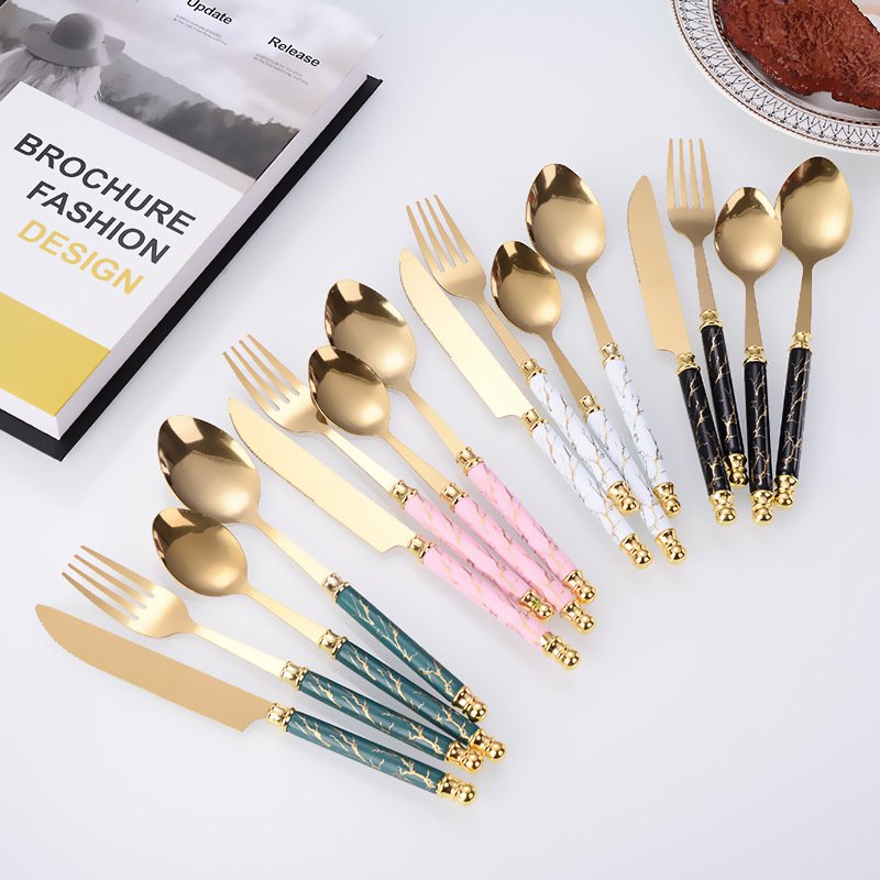 Hot Selling 24Pcs Stainless Steel Knife Fork Spoon With Plastic Handle Gold Cutlery Set With Rack For Gift Box