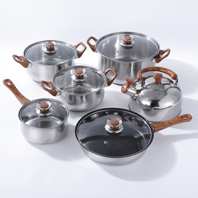 12-Piece Non-Stick Stainless Steel Cookware Set Wood Grain Handle Classic Design Sustainable Features Multi-Function Kitchenware