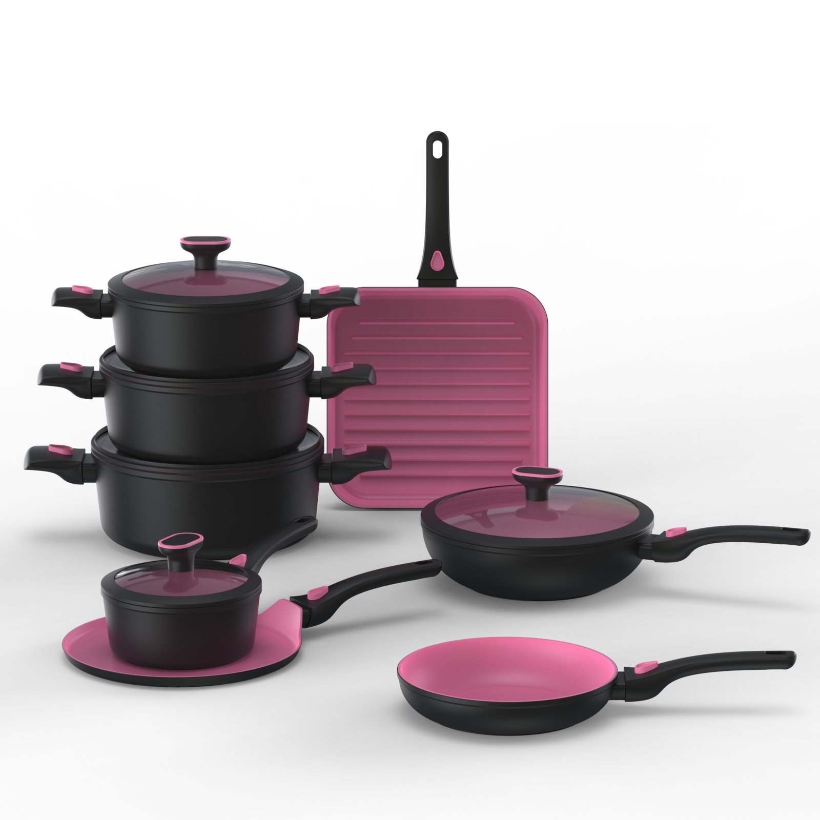 New design forged aluminum cookware set with removable handle silicone lid nonstick fry pan grill pan