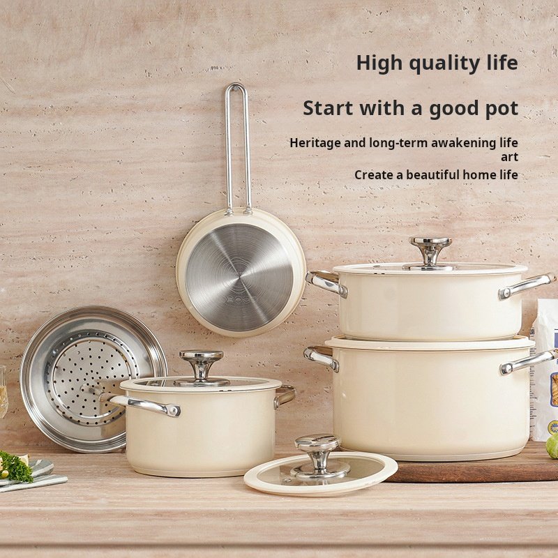 4 in 1 Korean style cookware suit Ceramic Paint Soup Steamer Silicone Glass Lid Small Milk Pot Stainless Steel Cookware Set