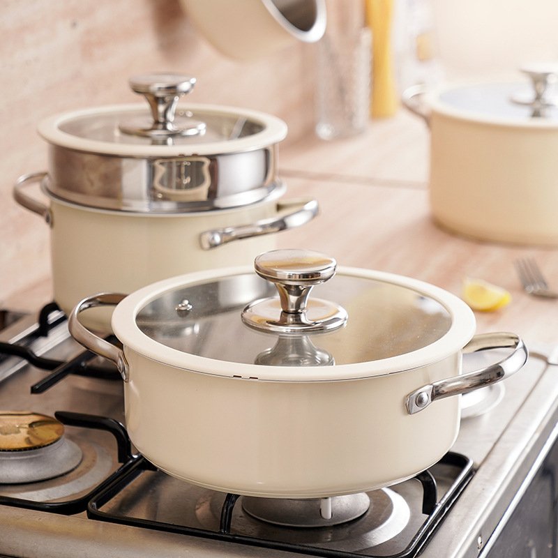 4 in 1 Korean style cookware suit Ceramic Paint Soup Steamer Silicone Glass Lid Small Milk Pot Stainless Steel Cookware Set