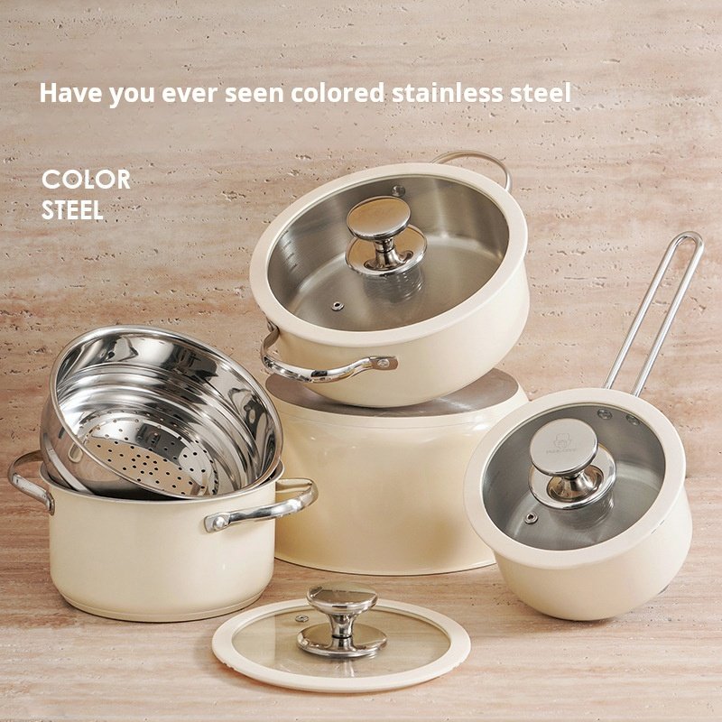 4 in 1 Korean style cookware suit Ceramic Paint Soup Steamer Silicone Glass Lid Small Milk Pot Stainless Steel Cookware Set