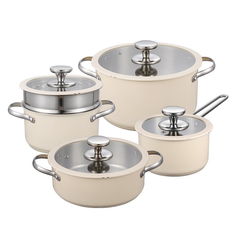 4 in 1 Korean style cookware suit Ceramic Paint Soup Steamer Silicone Glass Lid Small Milk Pot Stainless Steel Cookware Set