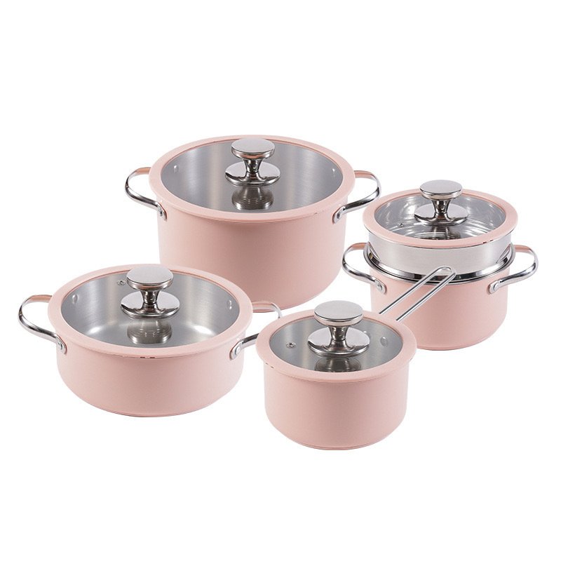 4 in 1 Korean style cookware suit Ceramic Paint Soup Steamer Silicone Glass Lid Small Milk Pot Stainless Steel Cookware Set