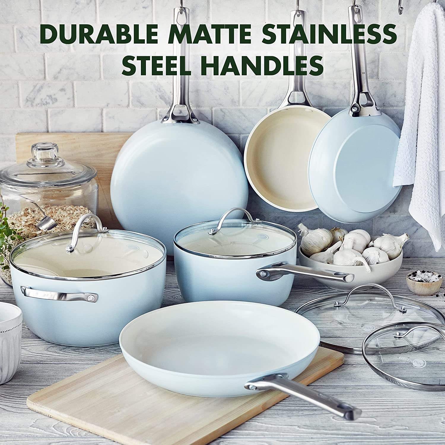 High Quality light blue cast iron Healthy Ceramic Nonstick 10 Piece Cookware Pots and Pans Set