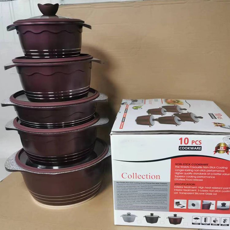 New Arrival 10PCS Aluminum Pot Cooking Pot and Pans Non Stick Cookware Set Granite Nonstick Cookware with Silicone Glass Lid