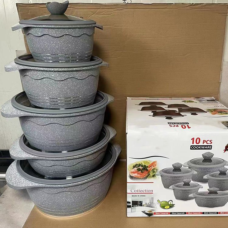 New Arrival 10PCS Aluminum Pot Cooking Pot and Pans Non Stick Cookware Set Granite Nonstick Cookware with Silicone Glass Lid