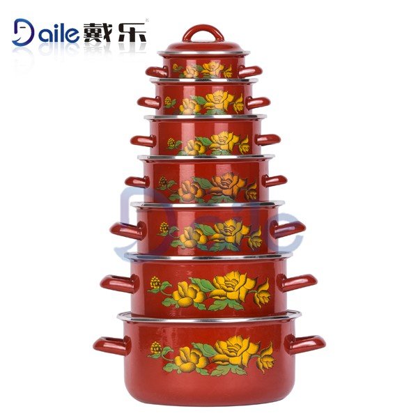 7 Pieces Custom Decal MAC Cooking Pot Enamel Cookware Sets Cookware With Red Color Bottom