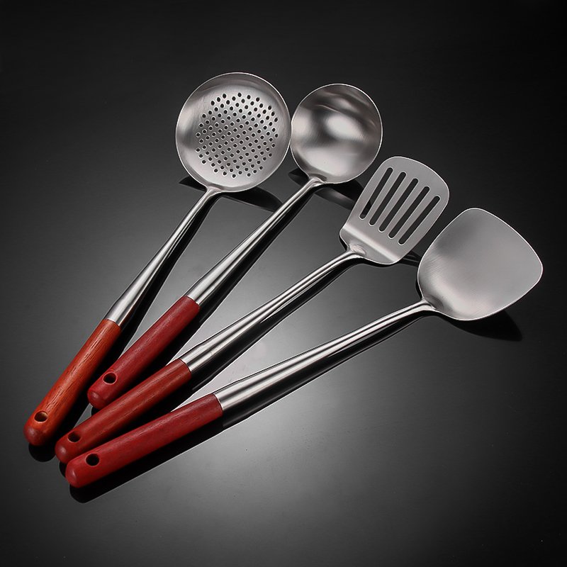 Kitchenware Set Cooking Spatula Slotted Spoon Skimming Tool Spoon Shovel Set Stainless Steel Kitchenware Set With Wooden Handles