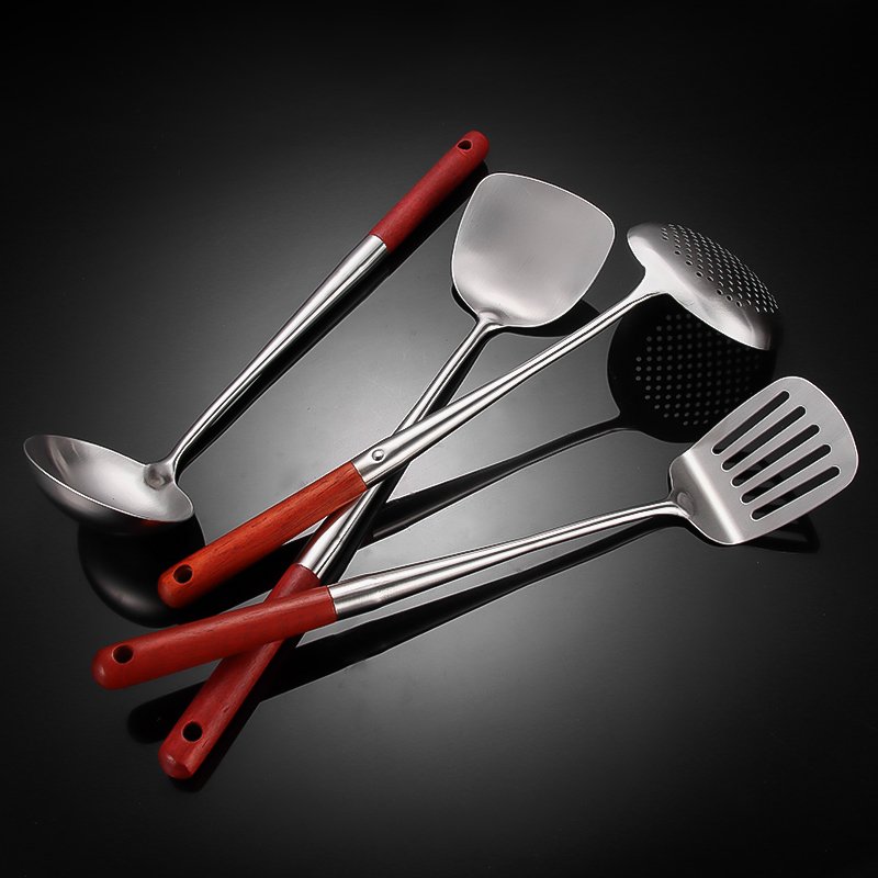 Kitchenware Set Cooking Spatula Slotted Spoon Skimming Tool Spoon Shovel Set Stainless Steel Kitchenware Set With Wooden Handles