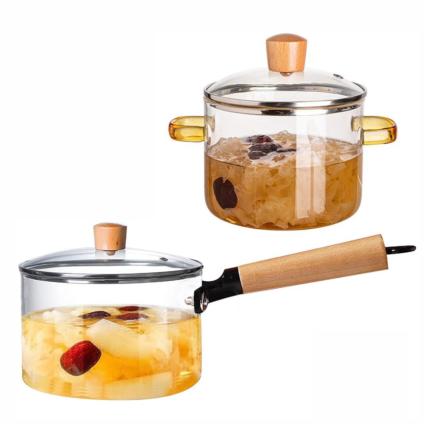 High Quality transparent glass cooking pot New Design Glass Cooking Pot Cookware Set glass cooking pot set With Wooden Handles