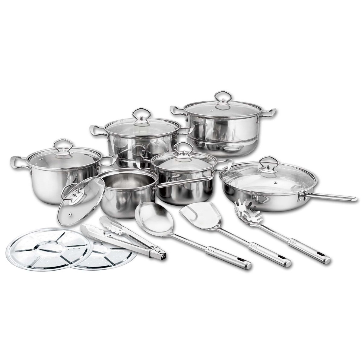 2023 Popular Stainless Steel 18Pcs Kitchen Cookware Set Cooking Pots & Pans with Glass Lid For Kitchen Cooking