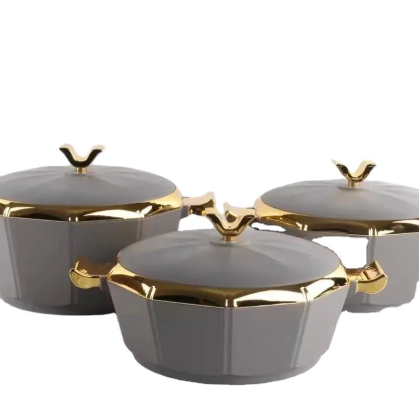 Muslin Round Insulated Casserole Server Hot Pot Set of 3 Gold Plated Cover Food Serving Insulated Hot Pot