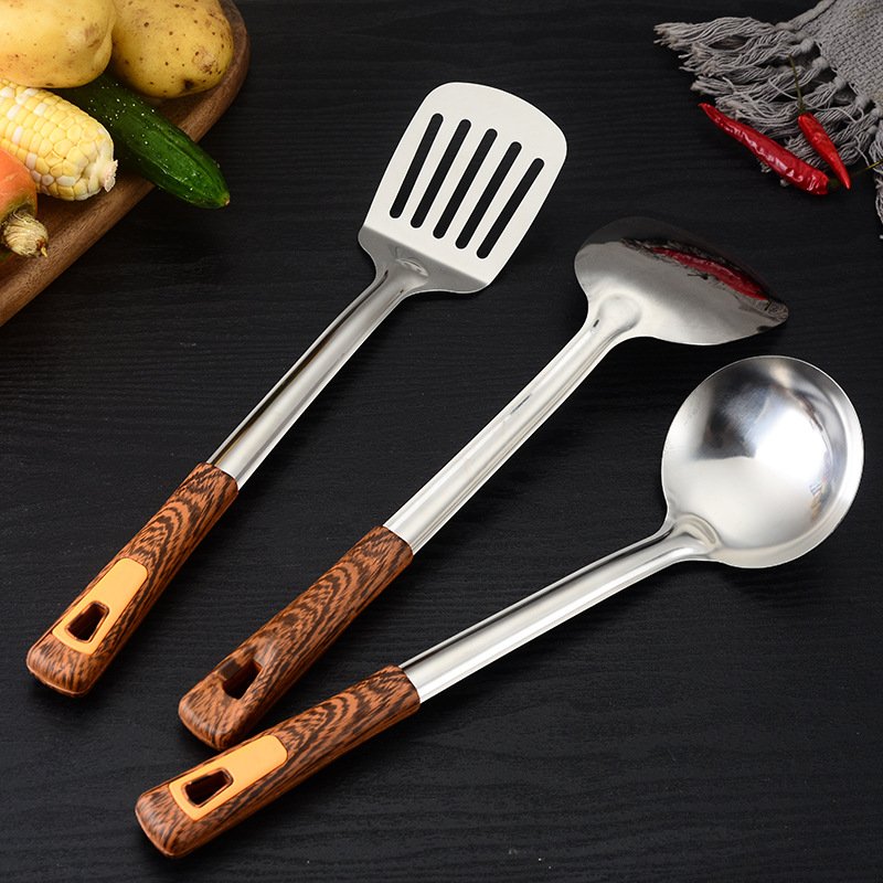 Stainless steel wooden handle spatula kitchenware set soup spoon and strainer spatula cooking set household kitchen utensils