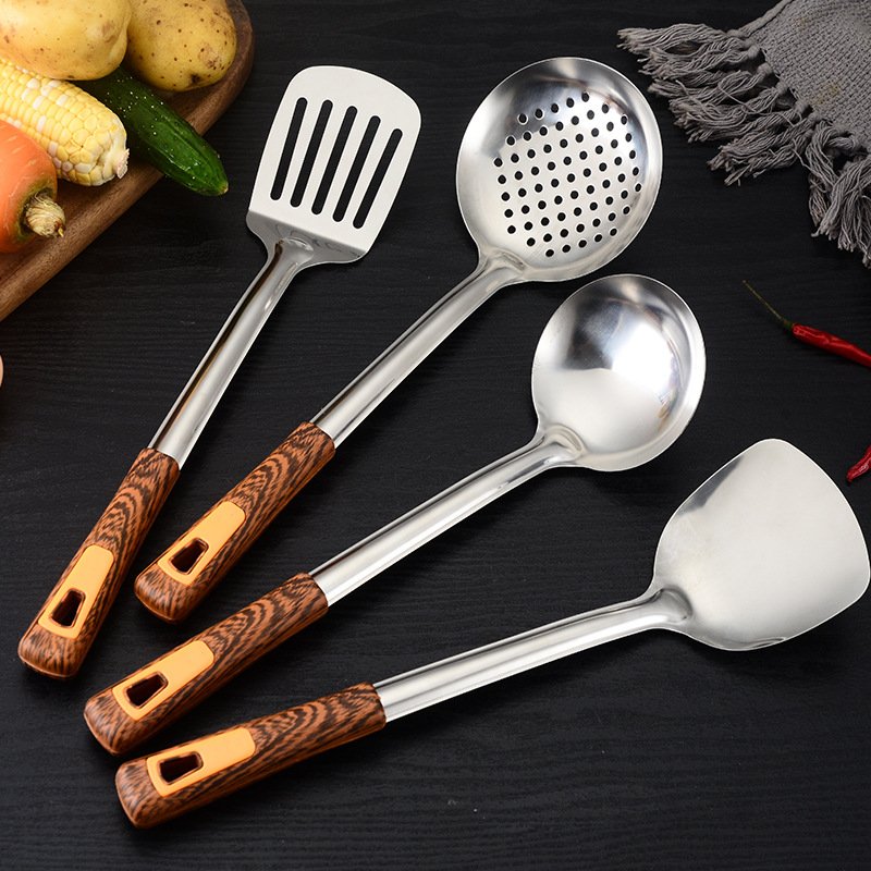 Stainless steel wooden handle spatula kitchenware set soup spoon and strainer spatula cooking set household kitchen utensils