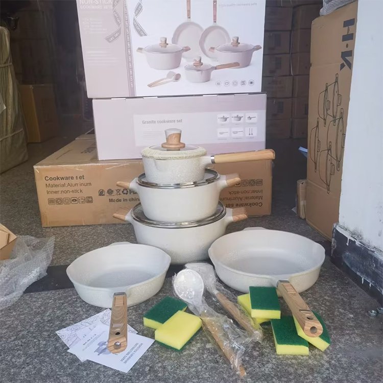 Kitchen Non Stick Marble Coating Aluminum Cooking Pot 10 PCS Granite Nonstick Pan Cookware Set with Wooden Handle