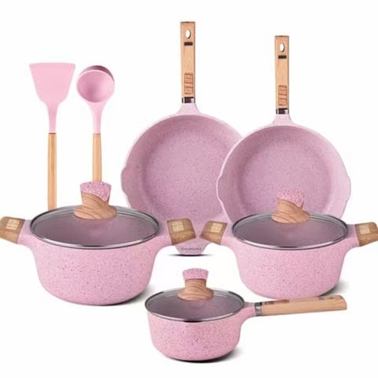 Kitchen Non Stick Marble Coating Aluminum Cooking Pot 10 PCS Granite Nonstick Pan Cookware Set with Wooden Handle
