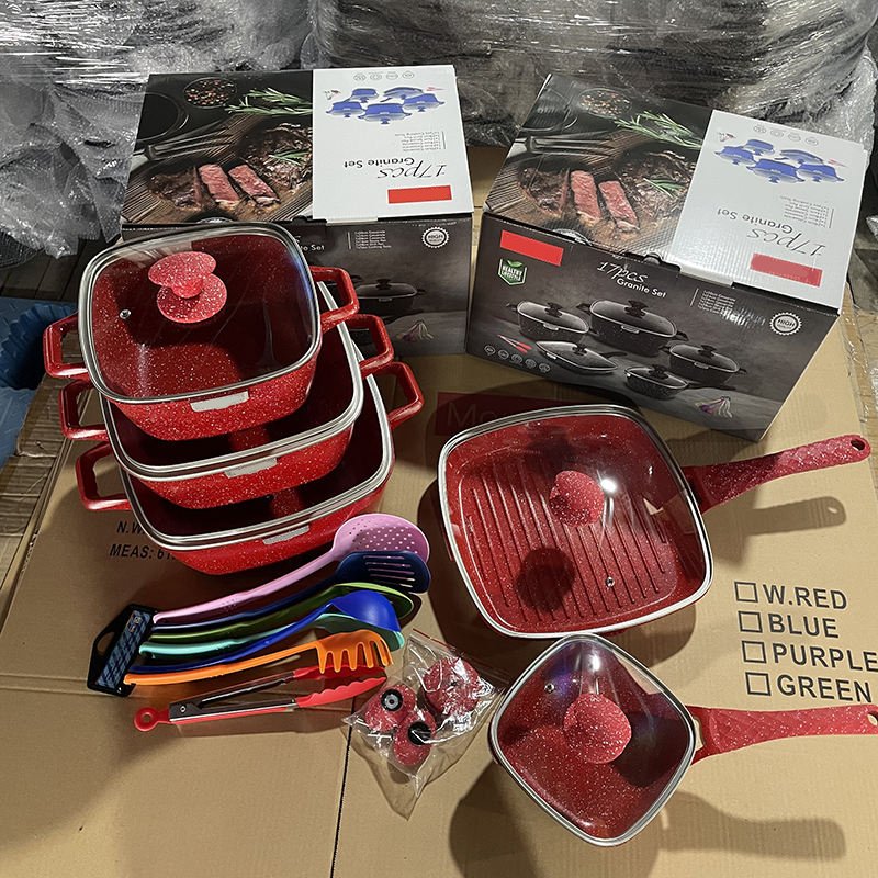 17 pcs non stick cookware set red soup pot set kitchen pots and pans set with glass lid