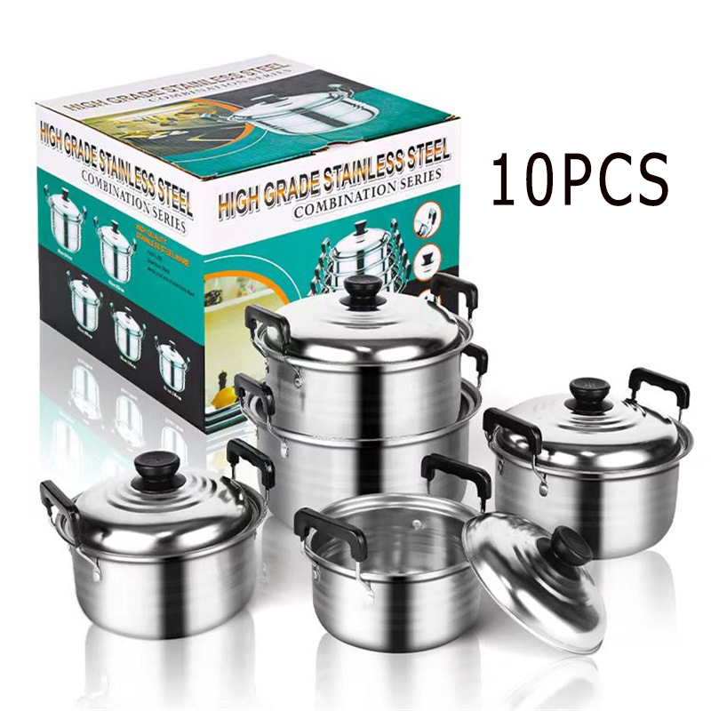 ZS Factory direct sales 10pcs stainless steel kitchenware soup pot cuisine cookware set stock pot stew cooking pot