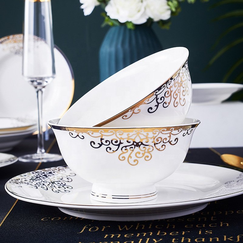 New Product 60 Pcs Fashion Home Decor Luxury Gold Love Sea Dining Room Sets Porcelain Dinnerware Sets