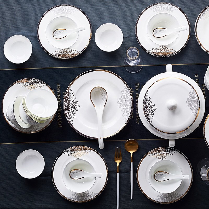 New Product 60 Pcs Fashion Home Decor Luxury Gold Love Sea Dining Room Sets Porcelain Dinnerware Sets