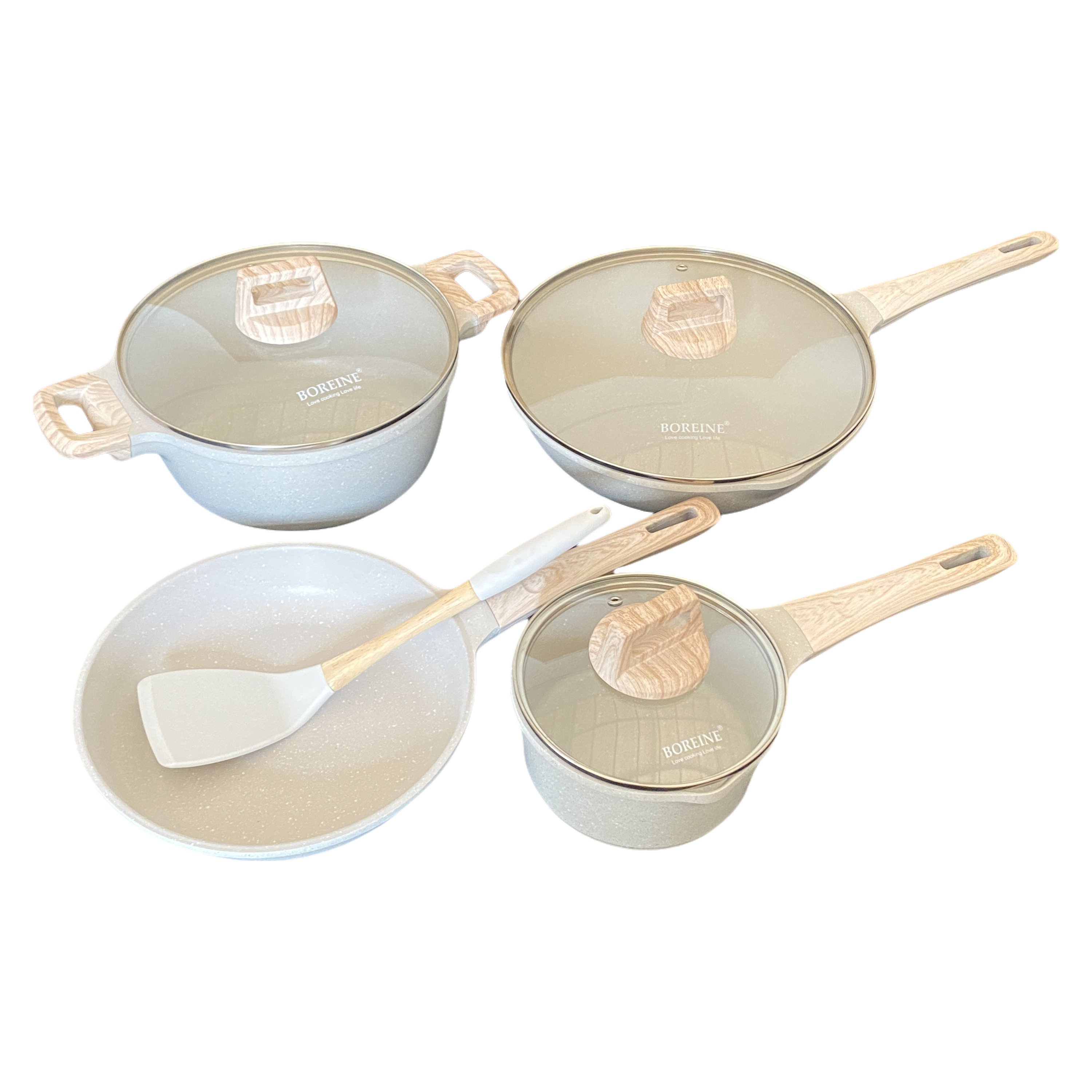 boreine 8pcs pots and pans set, nonstick cookware set price with beige color