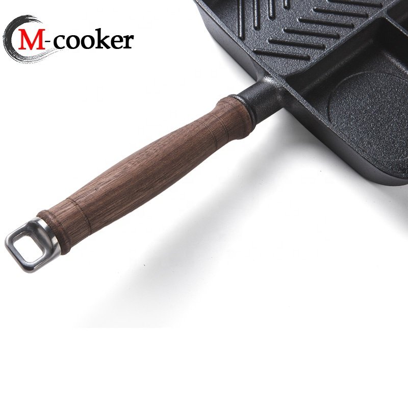 Cast Iron Pre-seasoned Egg Split 3 Section Divided Breakfast Frying Pan With Handle