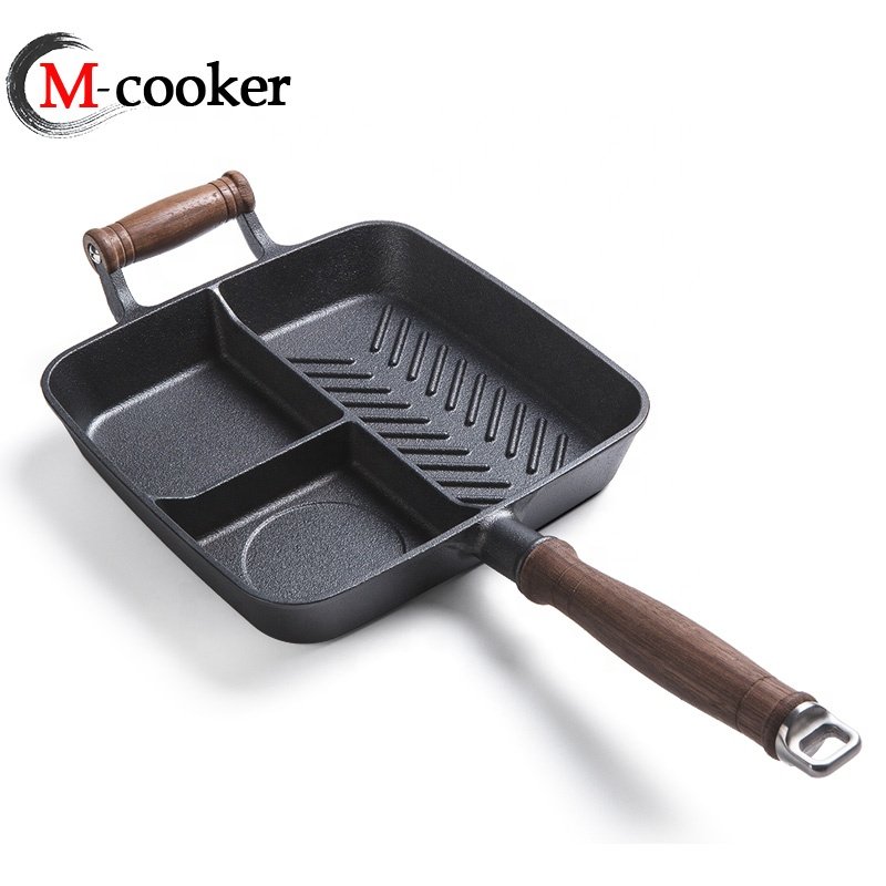 Cast Iron Pre-seasoned Egg Split 3 Section Divided Breakfast Frying Pan With Handle