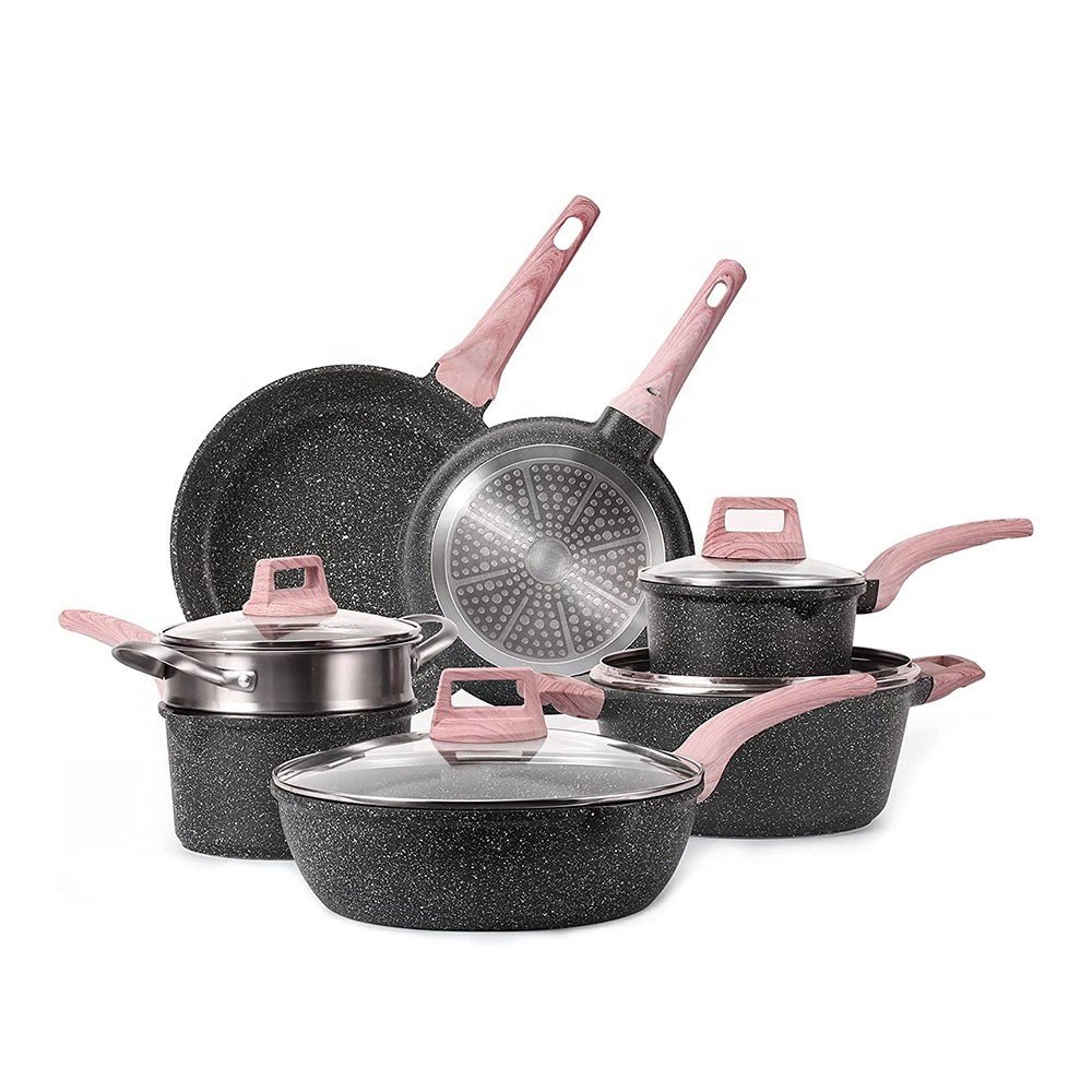 100000 Floorspace Manufacturer BSCI Wholesale Custom Logo New Design Non Stick Pink Cookware Sets Granite Aluminum