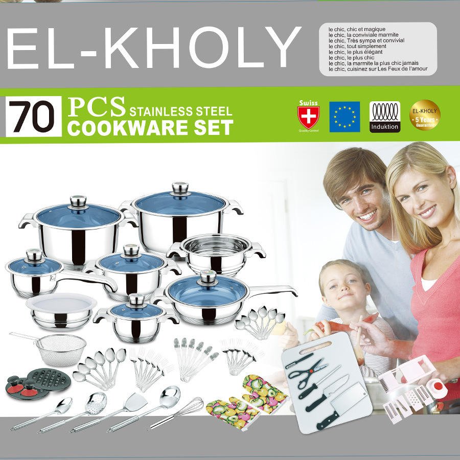 Customizable 70/100/110pcs 304/201Kitchen Cook Double Bottom cookware sets with Glass Lid Stainless Steel Cooking Pot Set
